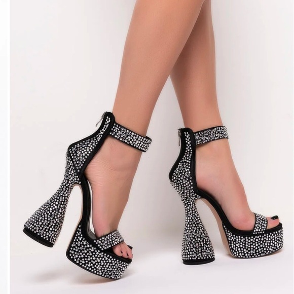 Azalea Wang Your Place or Mine black rhinestone ankle strap platform heels sz 8 - Picture 3 of 12